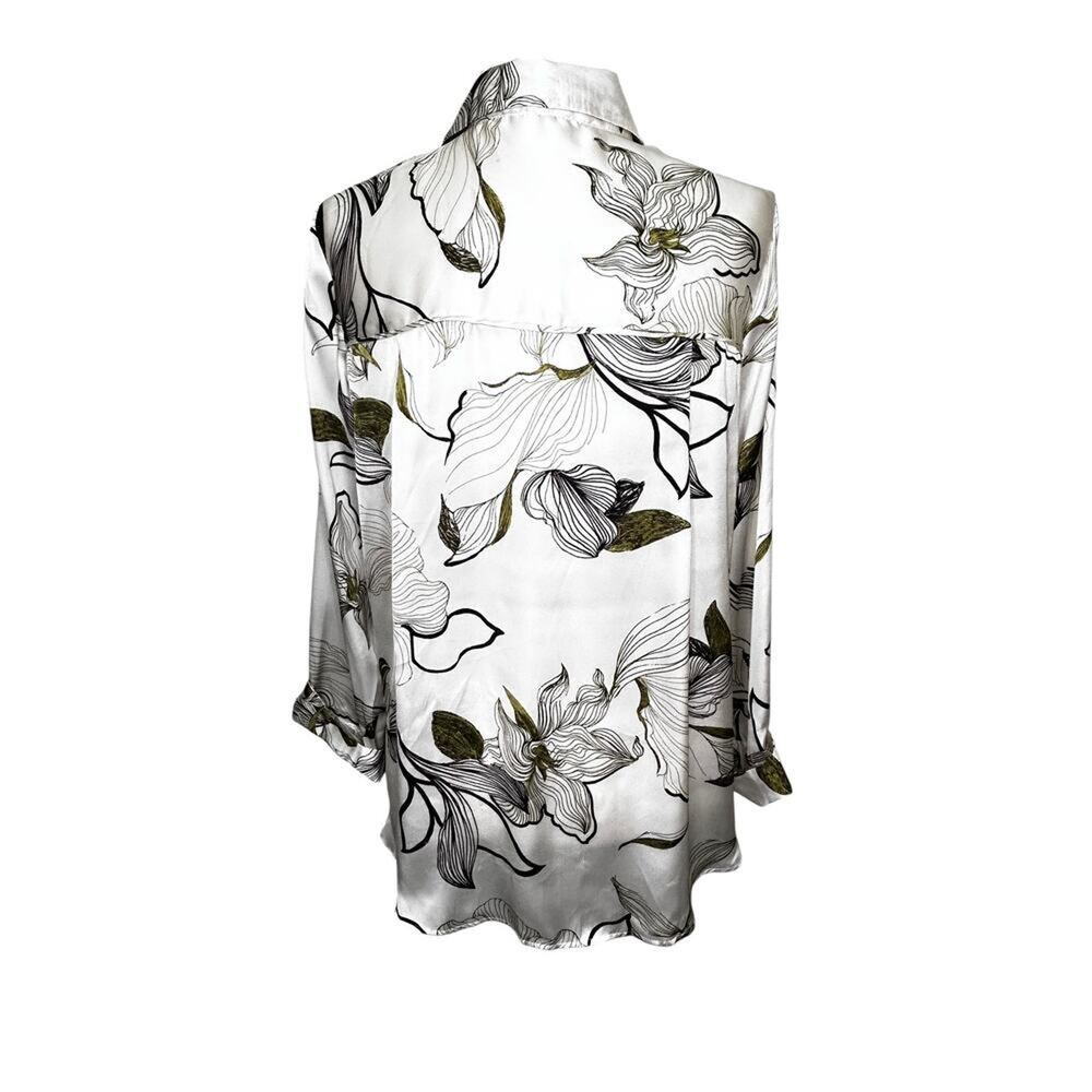 Zara Off White Floral Satin Long Sleeve Button Down Blouse Classy Chic